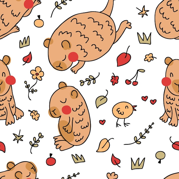 Hand drawn chibi capybaras seamless pattern in doodle style Perfect kawaii print for tee paper textile and fabric Cute vector illustration for decor and design