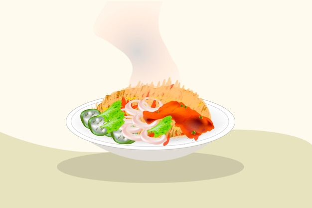 그릇 벡터 삽화를 제공하는 손으로 그린 치킨 비리야니.