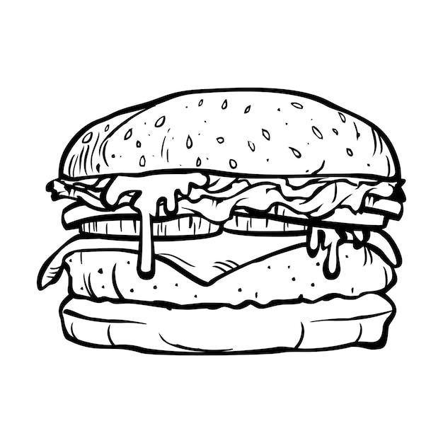 Vettore hamburger di pollo disegnato a mano, hamburger di illustrazione bw