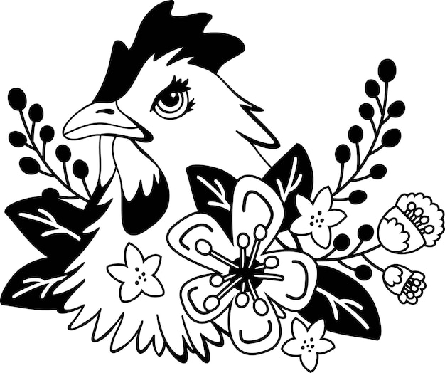 Hand Drawn chicken and flowers illustration