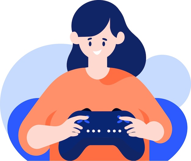 Vector hand drawn child character playing game in flat style isolated on background