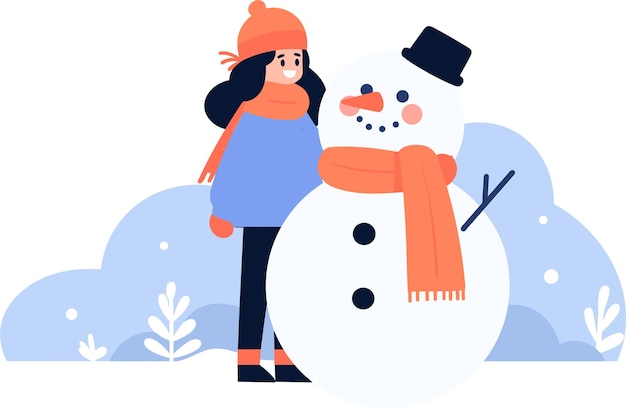 Vector hand drawn child character playing with snowman in winter in flat style isolated on background
