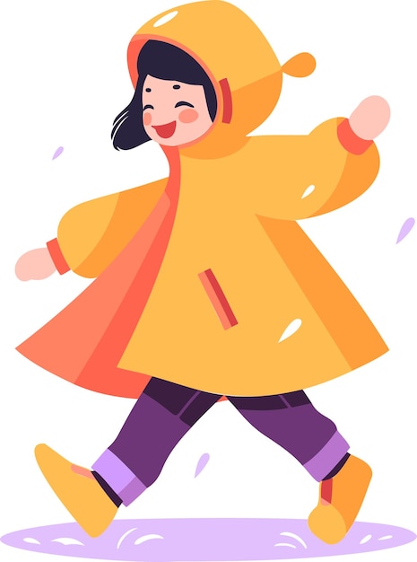 Hand Drawn A child in a raincoat showing a joyful expression that it is raining in flat style isolated on background