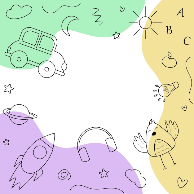 Hand drawn childish background with rocket and car