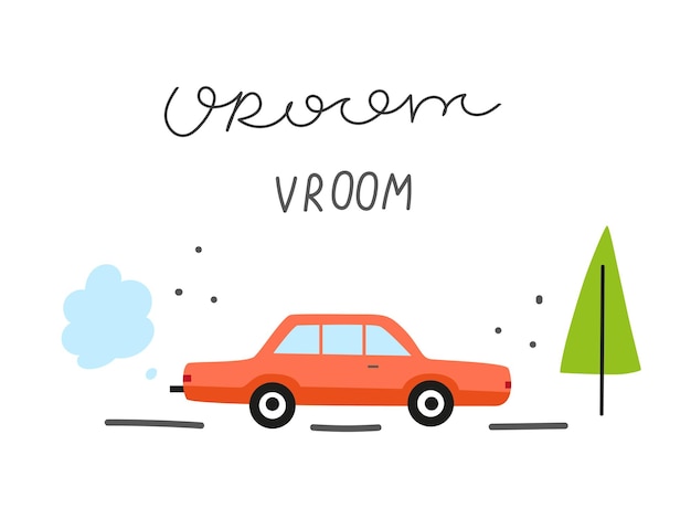 手描きの幼稚な赤い車で、vroom vroom の文字が付いています。キッズ デザインのベクトル図