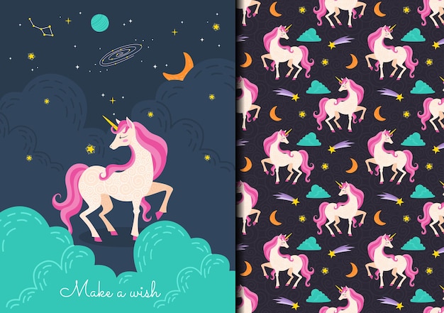 Hand drawn childish seamless pattern set with cute pink unicorn in the space