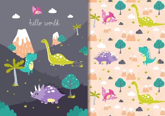 Hand drawn childish seamless pattern set with dinosaurs in the wild hello world