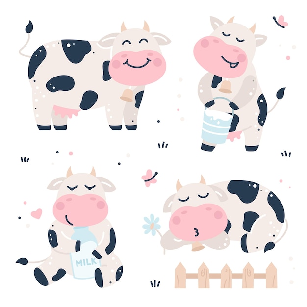 牛と牛乳と手描きの子供っぽいセット