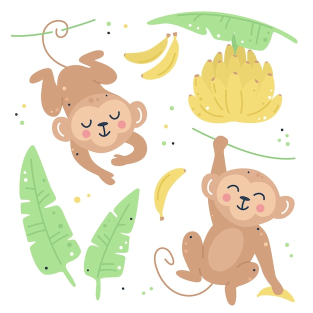 ベクトル サル、葉、バナナの手描きの子供っぽいセット