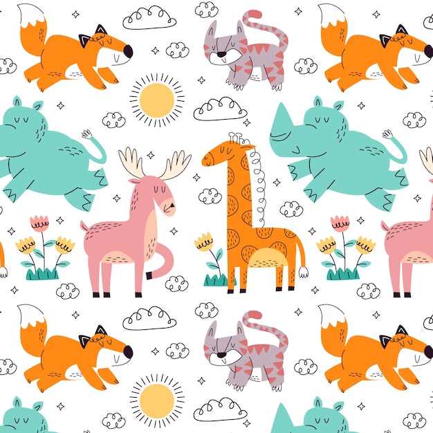 Vector hand drawn childlike animals illustration