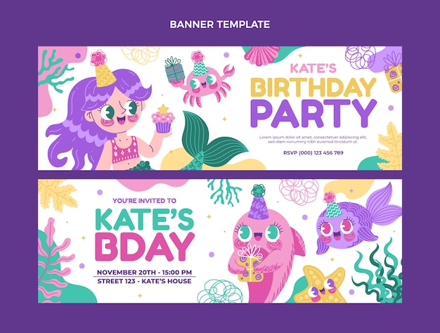 Vettore banner di compleanno infantile disegnato a mano