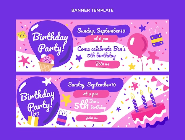 Vector hand drawn childlike birthday banners horizontal