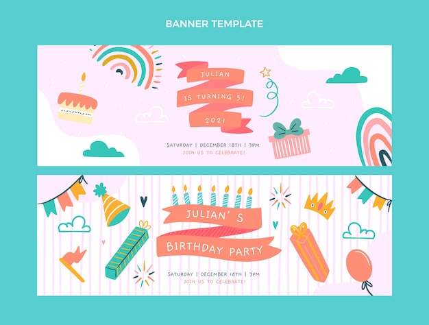 Vector hand drawn childlike birthday horizontal banners