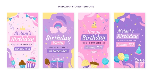 Vettore storie di instagram di compleanno infantili disegnate a mano