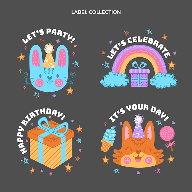 Vector hand drawn childlike birthday labels