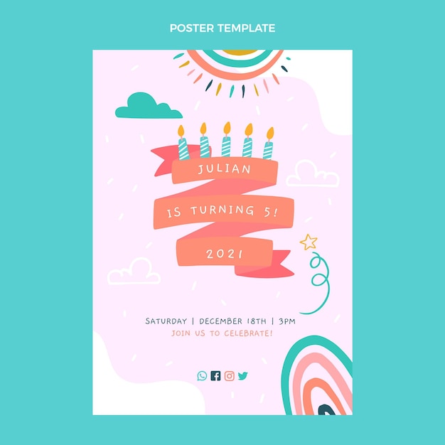 Vettore poster di compleanno infantile disegnato a mano