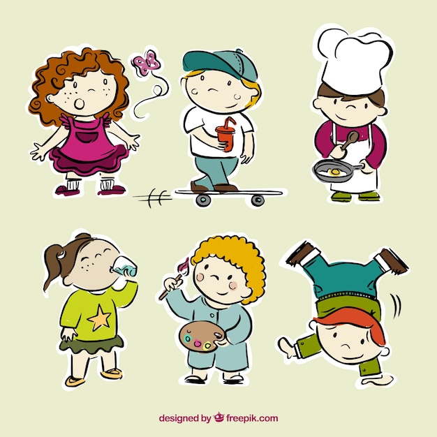 Vector hand drawn children doing things collection