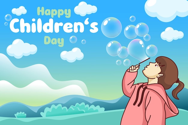 Hand drawn children playing bubble vector illustration