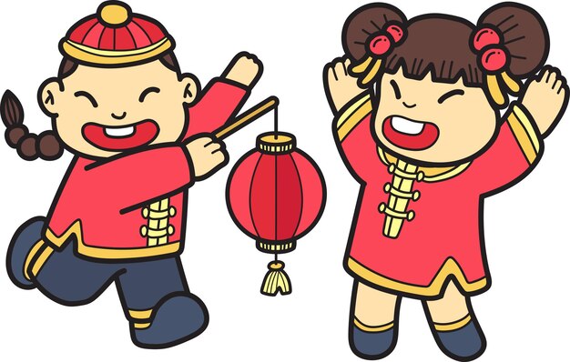 hand drawn chinese boy with lantern and chinese girl illustration