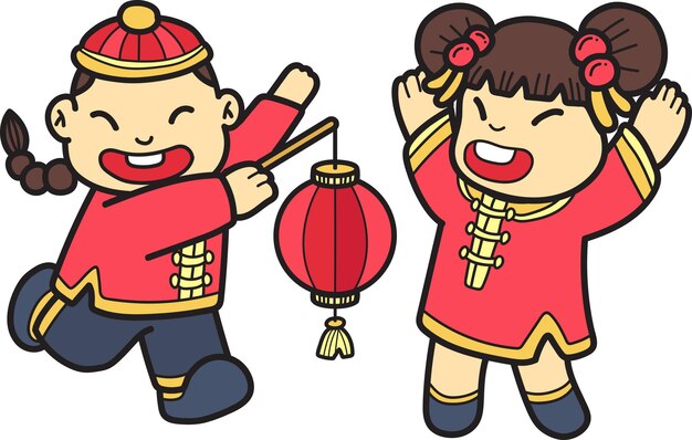 Hand drawn chinese boy with lantern and chinese girl illustration