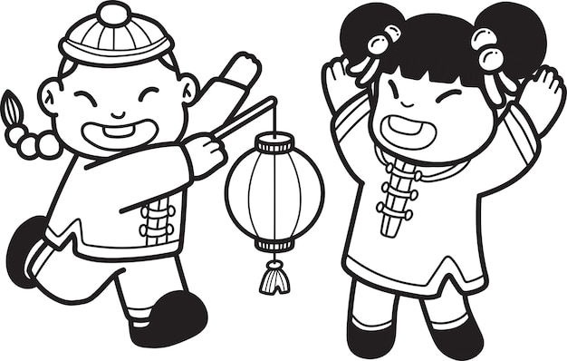 Hand drawn chinese boy with lantern and chinese girl illustration