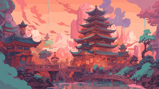 ベクトル 手描きの中国の家のイラスト 村の背景