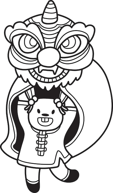 Vettore leone cinese disegnato a mano che balla con un'illustrazione di coniglio