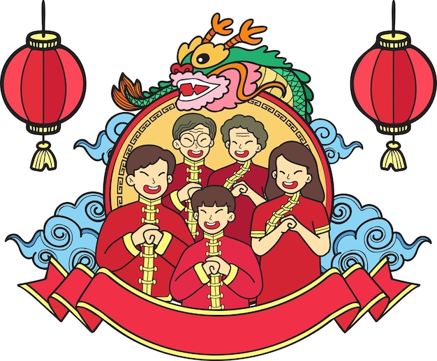 Hand drawn chinese new year and chinese family illustration