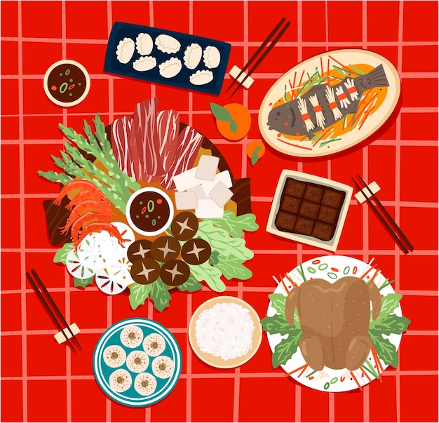 Vector hand drawn chinese new year reunion dinner food collection