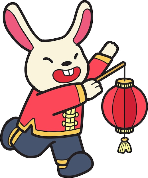 Hand drawn chinese rabbit with lantern illustration