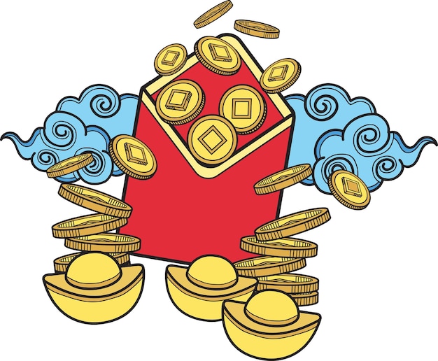 Вектор Нарисованные вручную китайские красные конверты и иллюстрация денег