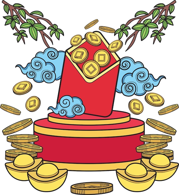 Вектор Нарисованные вручную китайские красные конверты и иллюстрация денег