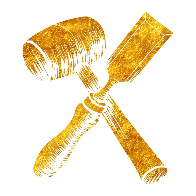 Hand drawn chisel and mallet icon woodworking tool in gold foil texture vector illustration