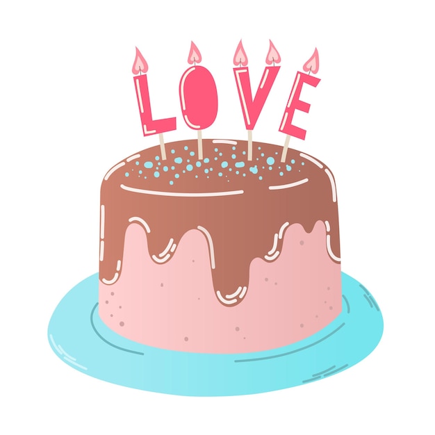 Hand drawn chocolate cake with red candles in shape word love in flat style