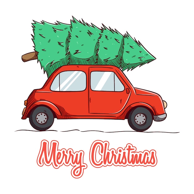 Automobile di natale disegnata a mano con albero di pino