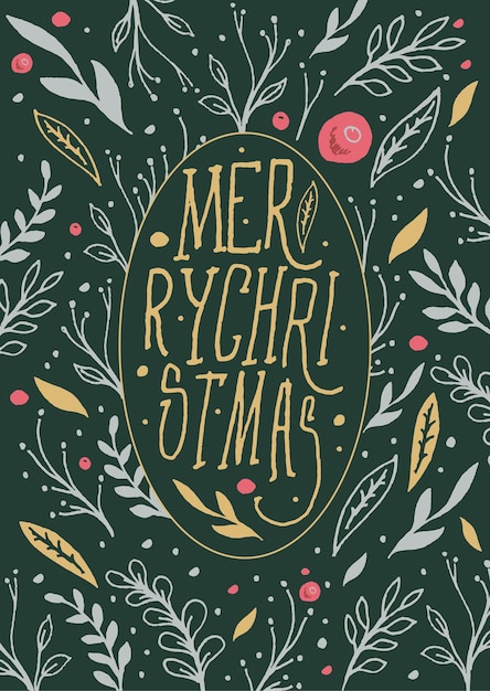 Ручной обращается дизайн рождественской открытки с цветочными декоративными элементами и рисованной надписью