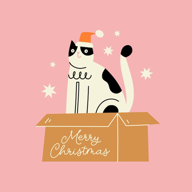 Ручная рождественская открытка с забавным котом в шляпе Санта-Клауса. Праздничная печать, баннер, подарочная бирка.