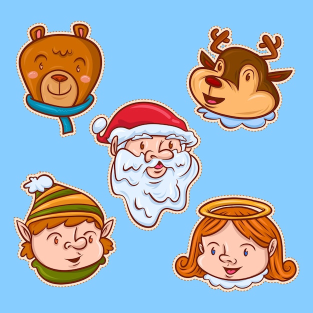 Hand drawn christmas cartoon style sticker collection