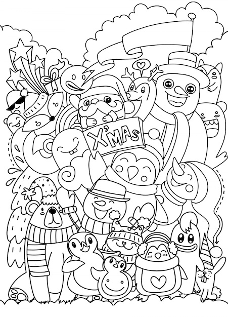 Hand drawn Christmas character set doodle, Vector illustration