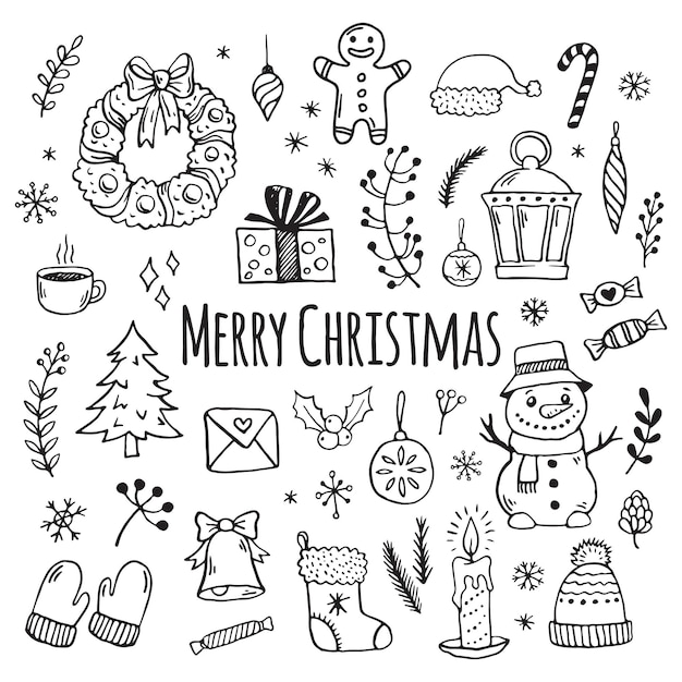 Hand drawn christmas decorative elements in doodle style