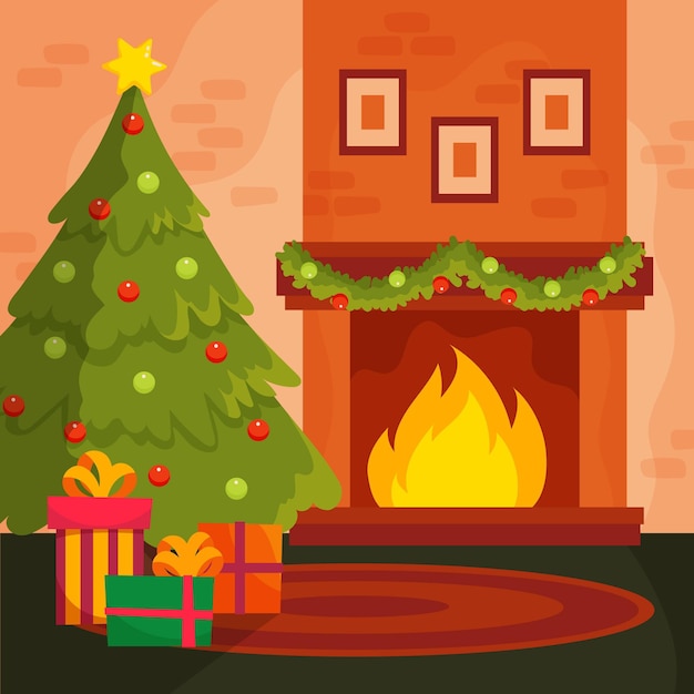 Vector hand drawn christmas fireplace scene