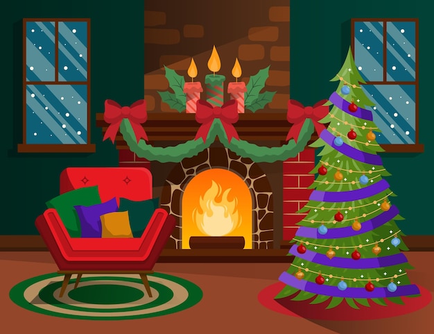 Hand drawn christmas fireplace scene