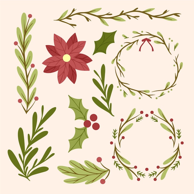 Vector hand drawn christmas flower & wreath collection