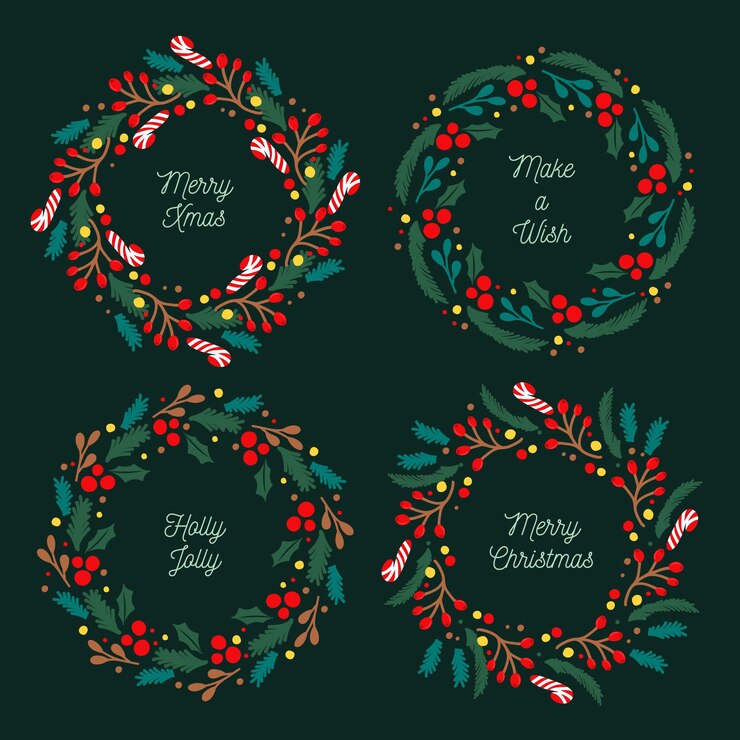 Vector 手描きのクリスマスの花と花輪のコレクション