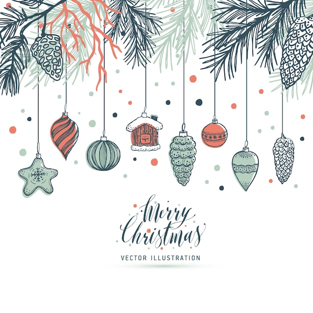 Ручной обращается елка с шарами, игрушками и еловой шишкой, для рождественского дизайна. векторная иллюстрация на белом фоне.