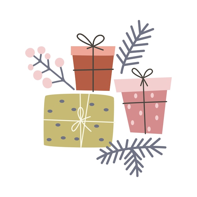 Vector hand drawn christmas gift boxes with berry branch of tree