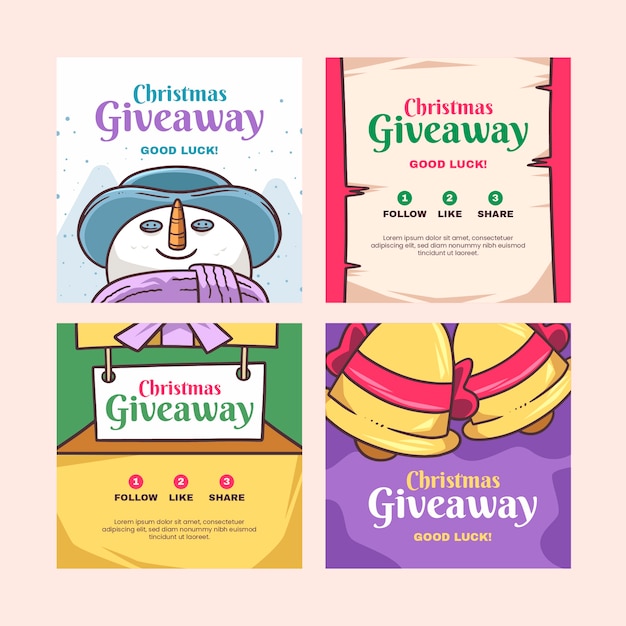 Vector hand drawn christmas giveaway instagram posts collection