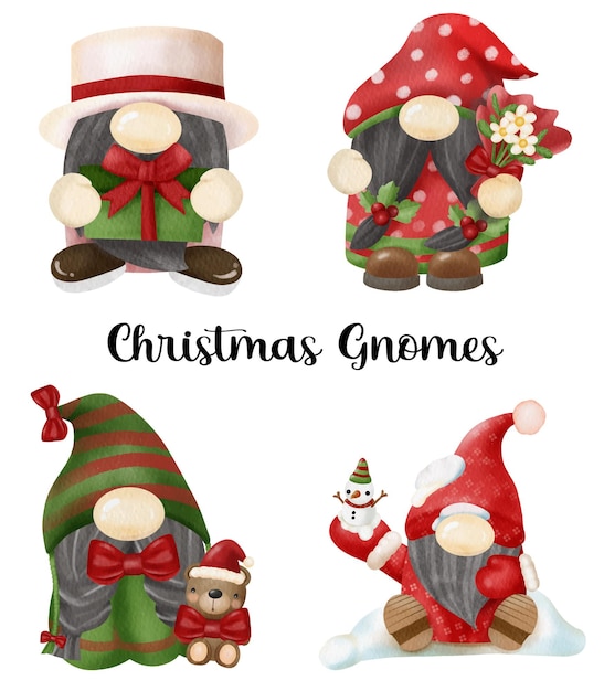 Hand drawn Christmas Gnomes watercolor vector collection