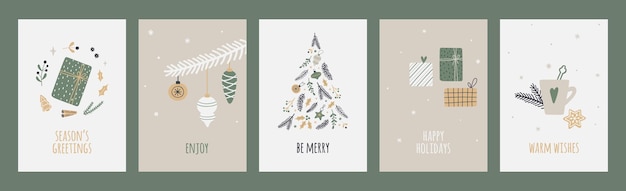 Vector hand drawn christmas greeting cards set. minimalist xmas designs.  vector templates for seasonal winter holidays.