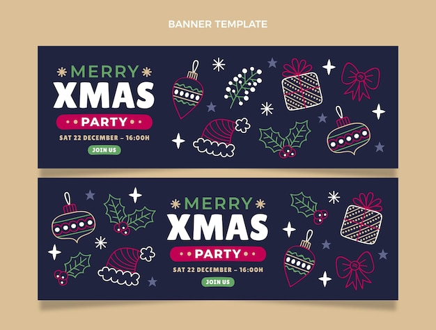 Vector hand drawn christmas horizontal banners set